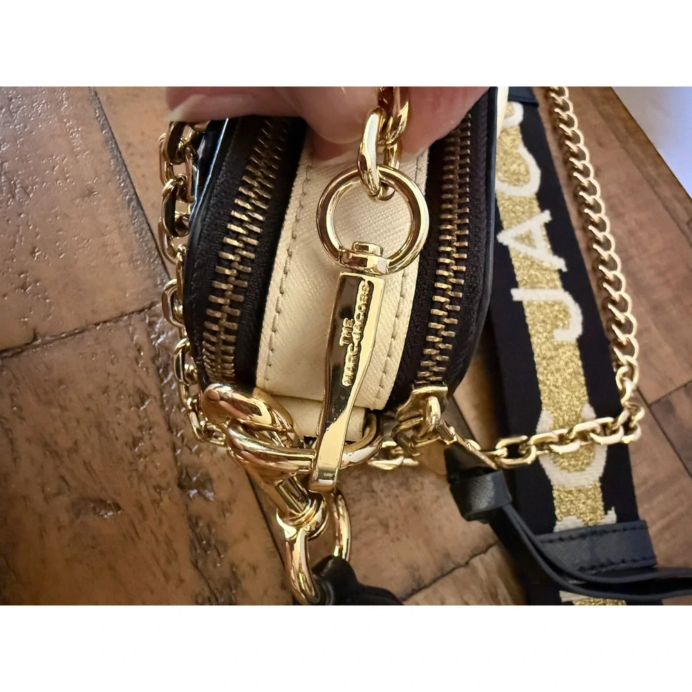 Marc Jacobs The Snapshot Bag Women's Small Black Leather Crossbody Glitter Strap